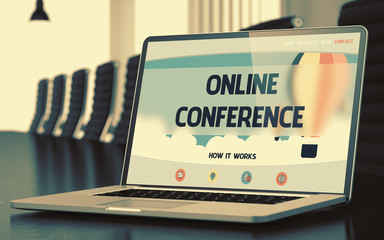 Online Conference. Closeup Landing Page on Mobile Computer Screen. Modern Meeting Hall Background. Blurred Image. Selective focus. 3D.