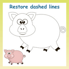 Pig in vector to be traced. Restore dashed line and color the picture. For preschool children.