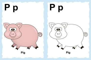 Animal alphabet. Alphabet coloring book page with outline clip art to color. Letter P