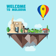 Naklejka premium Moldova country infographic map in 3d with country shape flying in the sky with clouds, big flag in a colored balloon with landmarks. Digital vector image