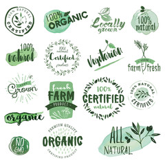 Organic food labels and badges. Hand drawn watercolor vector illustration set for food and drink, restaurant, natural products.