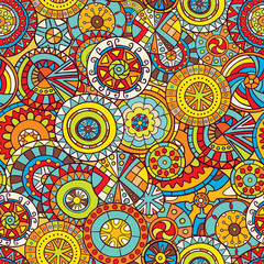 Seamless pattern of hand-drawn and painted mandalas. Vector graphics. - 112737881