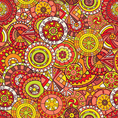 
Seamless pattern of hand-drawn and painted mandalas. Vector graphics.