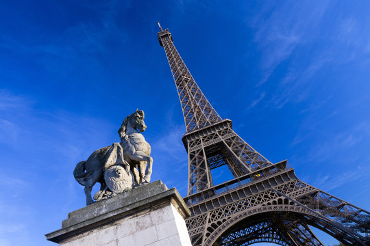 Horse sculpture on Lena Bridge near to Eiffel Tower in Paris, France