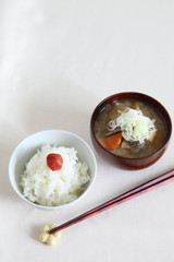 Japanese Traditional Food - miso soup BUTAJIRU and Rice with pickled plum UMEBOSHI