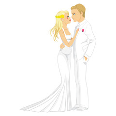 Fototapeta premium Beautiful young blonde couple in white dress tenderly looking to each other on their wedding day