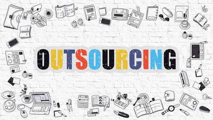 Multicolor Concept - Outsourcing - on White Brick Wall with Doodle Icons Around. Modern Illustration with Doodle Design Style.