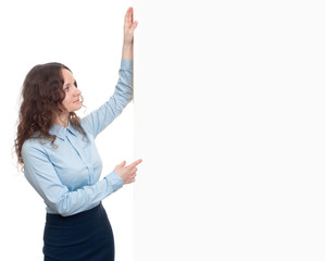 young business woman showing blank signboard