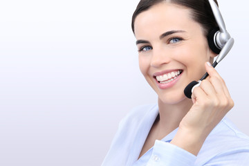 contact us, customer service operator woman with headset smiling