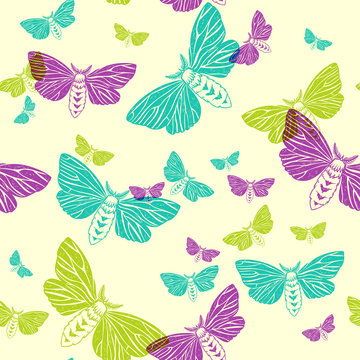 moths. vector seamless pattern with hand drawn butterflies