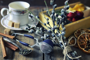 brew tea concept wooden background