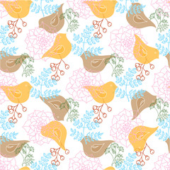 Hand-drawn illustrations. Greeting card with birds in ethnic style. Seamless pattern.