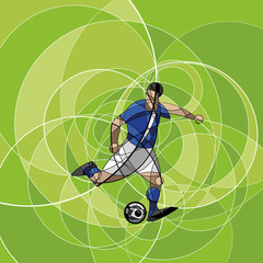 Abstract image of soccer (football) player with a ball on a green background, made with circle