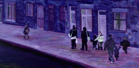 Painting of mothers and children on a street in winter.