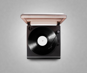 Gramophone vinyl player playing record, top view, isolated, clipping path. Talking machine play...