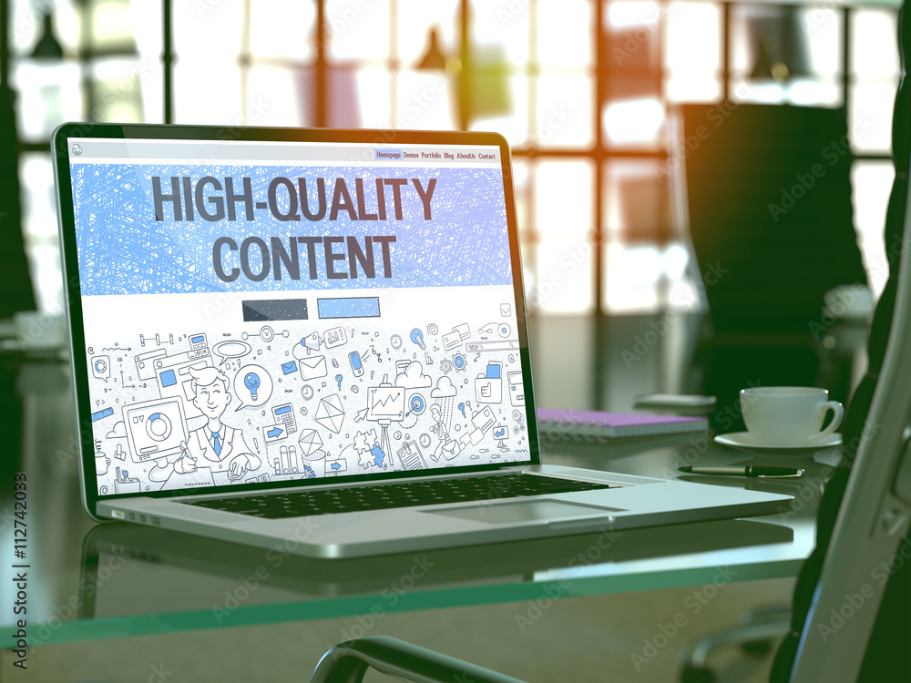 Poster high-quality content concept - closeup on landing page of laptop screen in modern office workplace. 