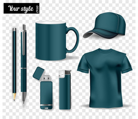 Corporate dark green identity isolated template, realistic cup,  pen, lighter, t-shirt, hat, usb-stick vector company professional  style for brand-book
