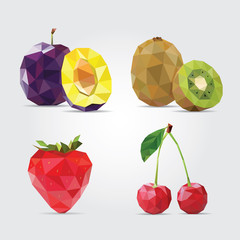 Polygonal Fruits. Fruits Set. Plum, Kiwi, Strawberry and Cherry in Vector
