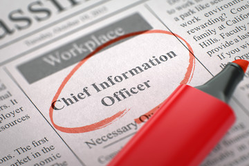 Chief Information Officer - Advertisements and Classifieds Ads for Vacancy in Newspaper, Circled with a Red Highlighter. Blurred Image with Selective focus. Job Seeking Concept. 3D Render. - obrazy, fototapety, plakaty