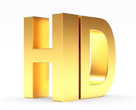 Golden HD TV icon isolated on white background. 3d illustration