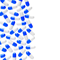Blue medical capsules on white background with space for text