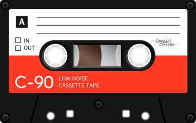 Retro plastic audio cassette, music cassette, cassette tape. Isolated on white background. Realistic illustration of old technology. Vintage tape.