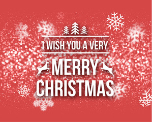 Merry Christmas Retro Design Typography Lettering Greeting Card with Falling Snowflakes and Xmas Tree Background. Happy New Year template on Red. Horizontal Vector illustration.
