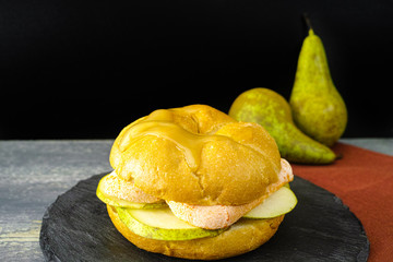 Healthy Vegetarian Veggie Sandwich with  French soft cheese, pear and honey