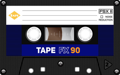 Fototapeta premium Retro plastic audio cassette, music cassette, cassette tape. Isolated on white background. Realistic illustration of old technology. Vintage tape.