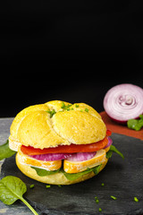 Healthy Vegetarian Veggie Sandwich with  French soft cheese, rocket salad, red onion, paprika