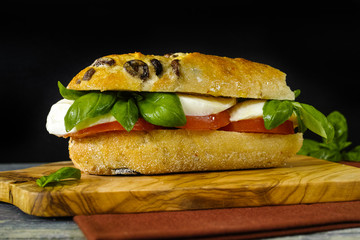 Healthy Vegetarian Veggie Sandwich with tomato, basil, mozzarella 