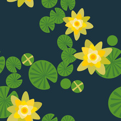 Vector water lilies seamless pattern background with flowers and leaves. Yellow lily on a dark background. Vector illustration.