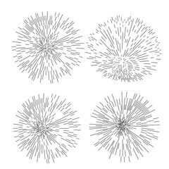 Set of four Retro Sun Burst Shapes. Trendy Hipster Sunburst Design Elements. Bursting Sun Rays Frames. Light Ray Vintage Style Elements