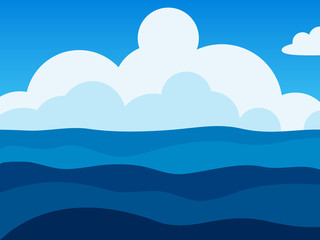 Deep blue sea background with waves and clouds. Ocean and white cumulus clouds. Ocean view landscape.  Vector Illustration. 