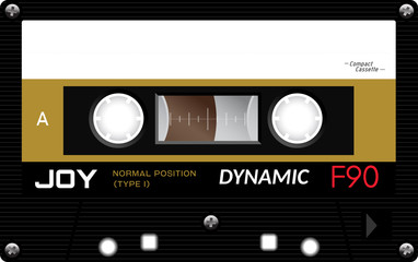 Retro plastic audio cassette, music cassette, cassette tape. Isolated on white background. Realistic illustration of old technology. Vintage tape.