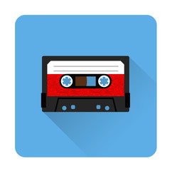 Cassette tape icon flat style. Isolated icon depicting retro technology, music tape cassette. Vintage cassette tape sign. Flat series, blue.