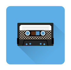 Cassette tape icon flat style. Isolated icon depicting retro technology, music tape cassette. Vintage cassette tape sign. Flat series, blue.