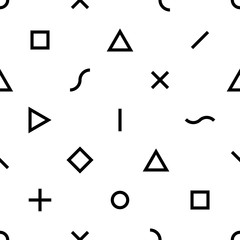 Abstract geometric seamless pattern. Triangles, squares, crosses, lines, s-shapes and circles on solid background. Black and white colors. Trendy necktie texture. - 112748038