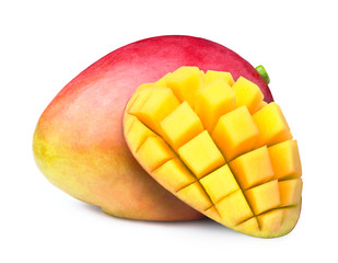 Mango with half sliced to cubes isolated on white background, with clipping path