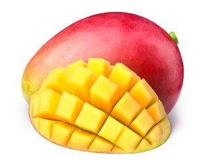 Mango with half sliced to cubes isolated on white background, with clipping path