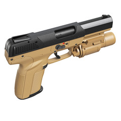 Gun beige military, police with flashlight, top view. 3D graphic