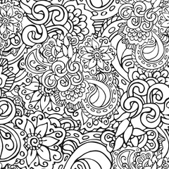  Bicolour black and white seamless pattern in doodle style. Hand-drawn elegant vector ornament.