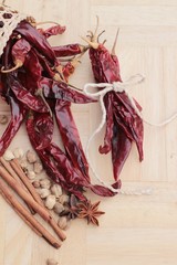 Dried chili for cooking on wood background.