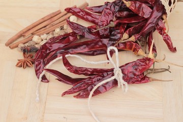 Dried chili for cooking on wood background.
