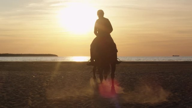 Silhouette of Young Rider on Horse at Beach Moving towards Sunset Light. Back View. Shot on RED Cinema Camera.