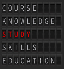 Study concept as a departure goal. Study word displayed at airport style board. Study and education, knowledge, course and skills.