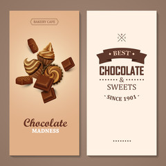 Poster vector template with chocolate and cupcakes. Advertising for bakery shop or cafe.