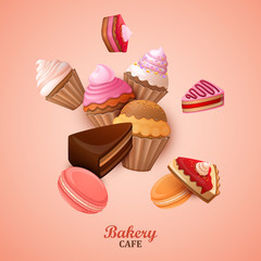 Abstract background with cakes, cupcakes and macaroons.