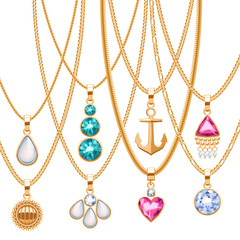 Fototapeta na wymiar Set of golden chains with different pendants.