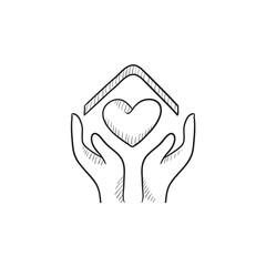 Hands holding roof of house and heart sketch icon.